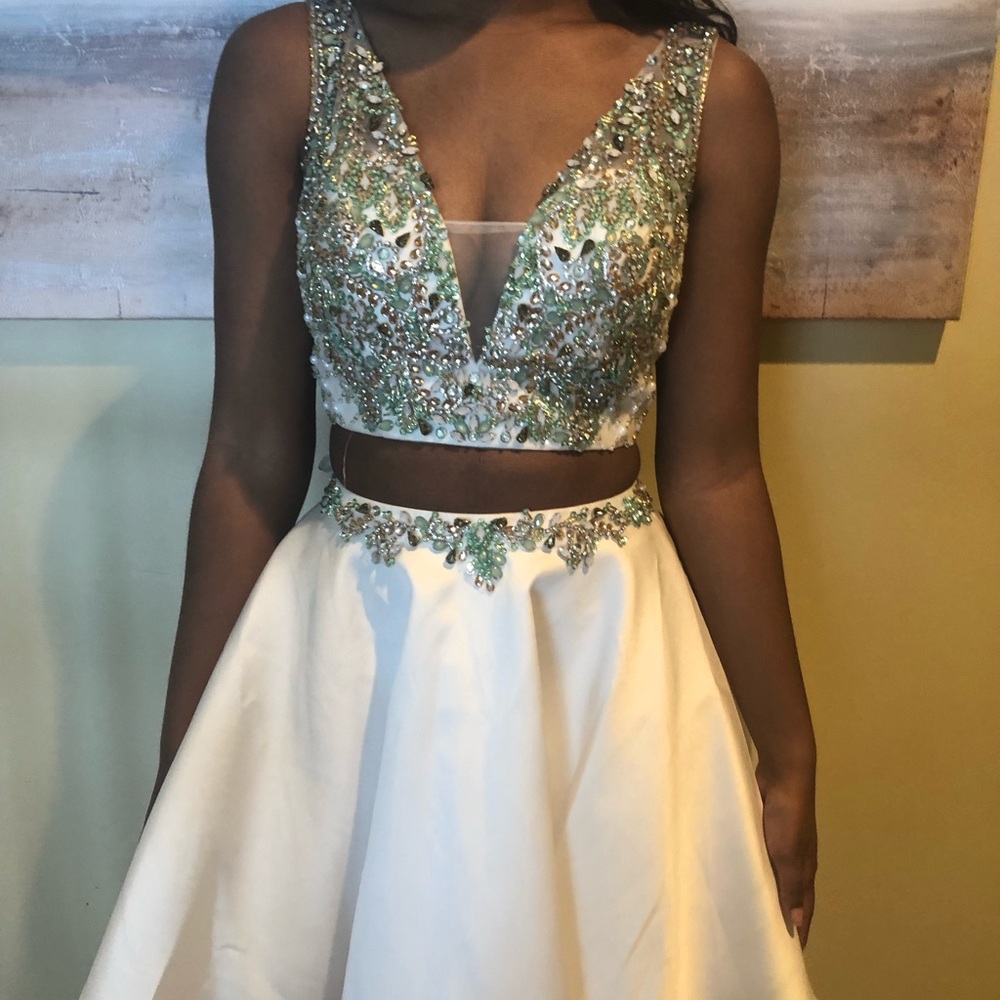 HOMECOMING/ FORMAL TWO PIECE WHITE AND TEAL SET